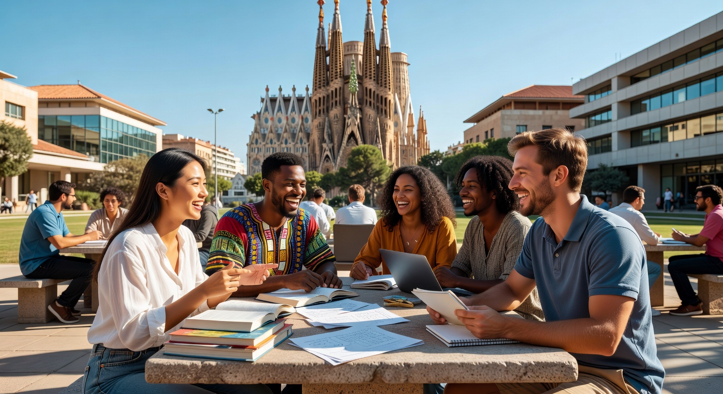 Estudiantes internacionales en campus universitario